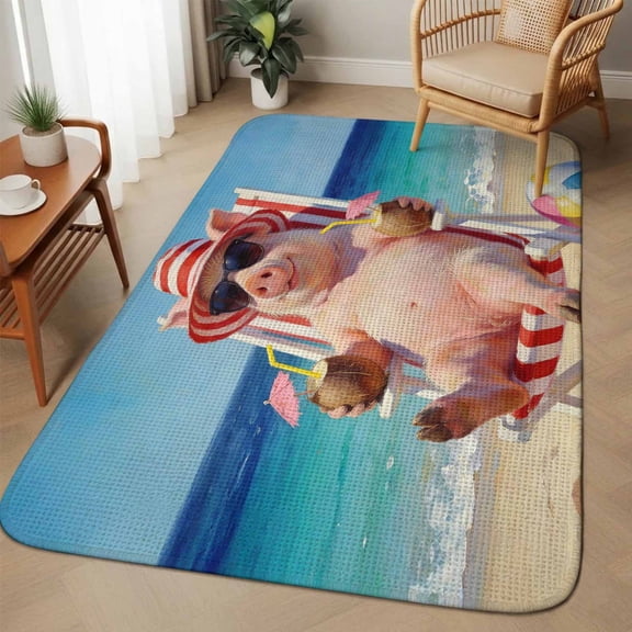 Funny Pig Summer Beach Washable Area Rugs for Living Room Bedroom, Large Non Slip Indoor Floor Carpet Absorbent Low Pile Blue Sand Vacations Door Mat Rugs for Bathroom Entryway 63"x78.7"