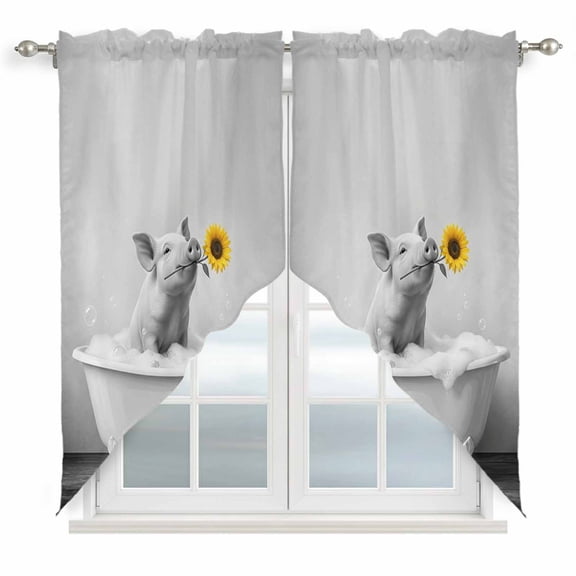 Funny Pig Swag Curtains for Living Room/Bedroom, Cute Art Vintage Lovely Animals on Bathtub Swag Kitchen Curtain Valances for Windows, Tier Topper Scalloped Curtain 2 Panels, 56"W x 36"L