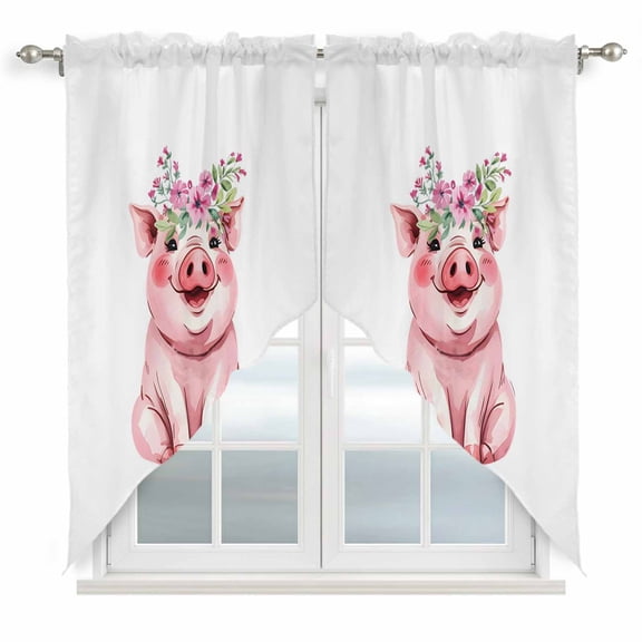Funny Pig Swag Curtains for Living Room/Bedroom, Cute Watercolor Animals Flower Leaf Swag Kitchen Curtain Valances for Windows, Tier Topper Scalloped Curtain 2 Panels, 56"W x 36"L