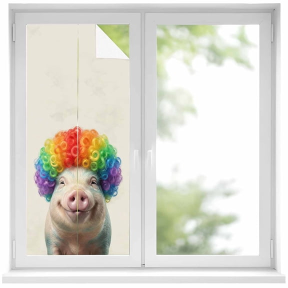 Funny Pig Window Privacy Film, Rainbow Abstract Animals Static Cling UV Sun Blocking Heat Control Window Tint Day and Night, Non-Adhesive Reusable One Way Windows Privacy Cover 17.7''x39.3''