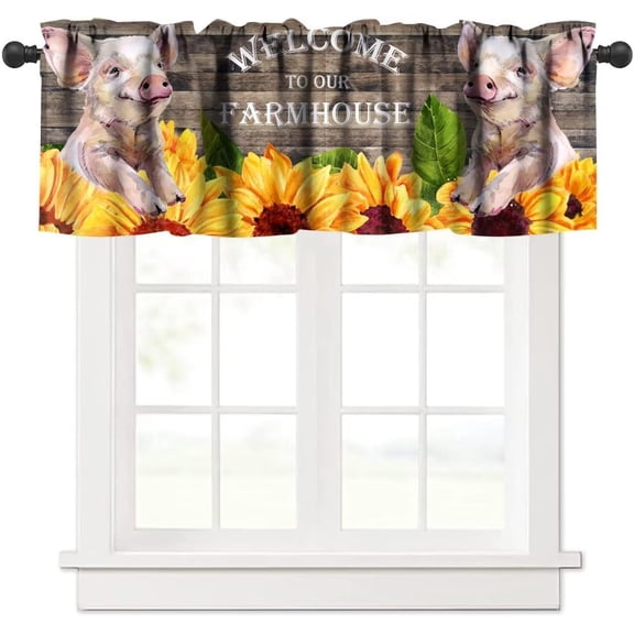 Funny Pig Window Valance,Rustic Country Farmhouse Animals Yellow Sunflower Fence Print Short Window Treatment for Bedroom Bathroom Living Room Kitchen Cafe,54x18in