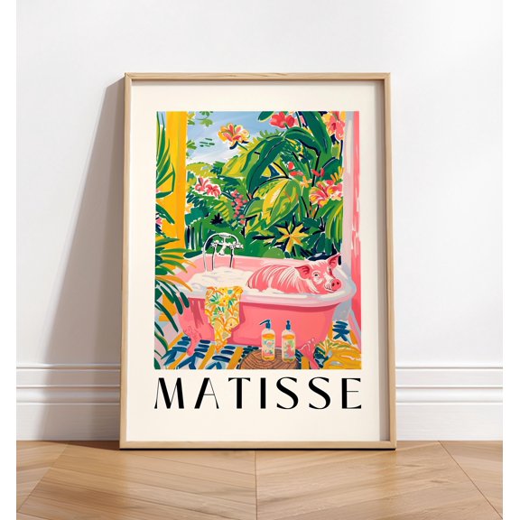 Funny Pig in Bathtub Art Print: Matisse Style Bathroom Wall Art, Poster Only
