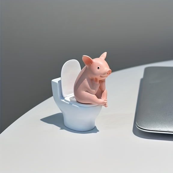 Funny Pig on Toilet Figurine - Mini Plastic Animal Statue for Bathroom, Desk, or Shelf Decor, Cute Humorous Piggy Sculpture