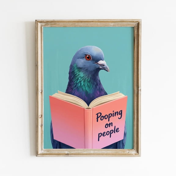 Funny Pigeon Bathroom Wall Art | Whimsical Reading Pigeon Pooping On People Print | Humorous Bird Bathroom Wall Decor Gift for Bird Lover