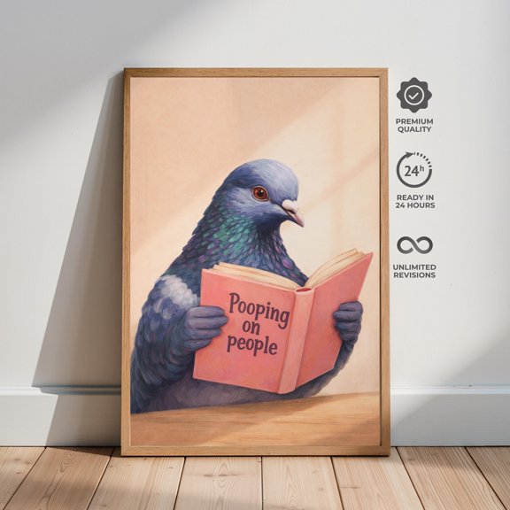 Funny Pigeon Pooping Poster, Humorous Bird Wall Art, Quirky Bathroom Decor, Poster Only