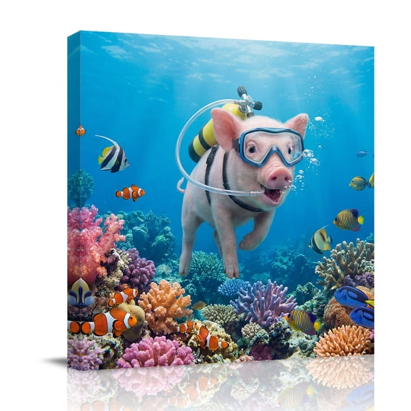 Funny Pigs Diving Canvas Wall Art for Living Room, Seafloor Corals Fish Oceans Modern Poster Print Painting for Bedroom Office Home Decoration Wall Pictures Prepare To Hang 10"x10"