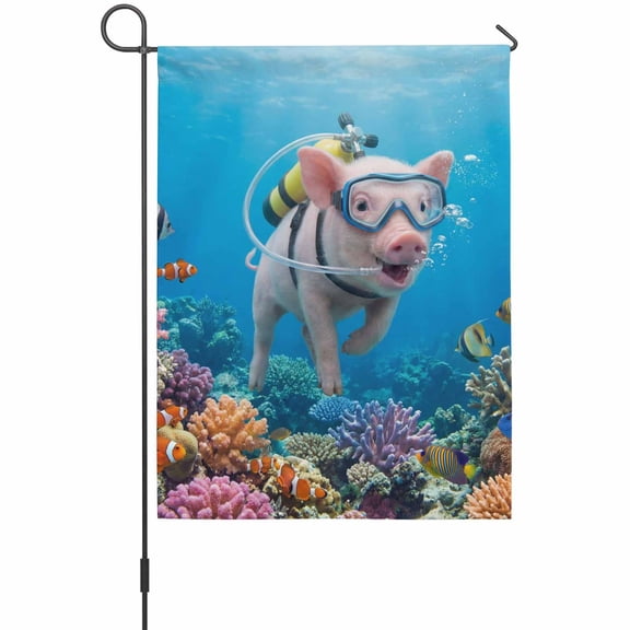 Funny Pigs Diving Garden Flag 12 x 18 Inches, Seafloor Corals Fish Oceans Modern Weather Proof Outdoor Patio Flags Double Sided Small Garden Decoration for Yard Outside Home
