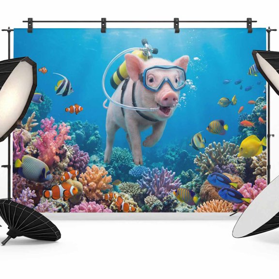 Funny Pigs Diving Photography Backdrop 7x5FT, Seafloor Corals Fish Oceans Modern Photo Backdrops, Background for Photography Studio Photo Studio Background, Back Drop for Photoshoot