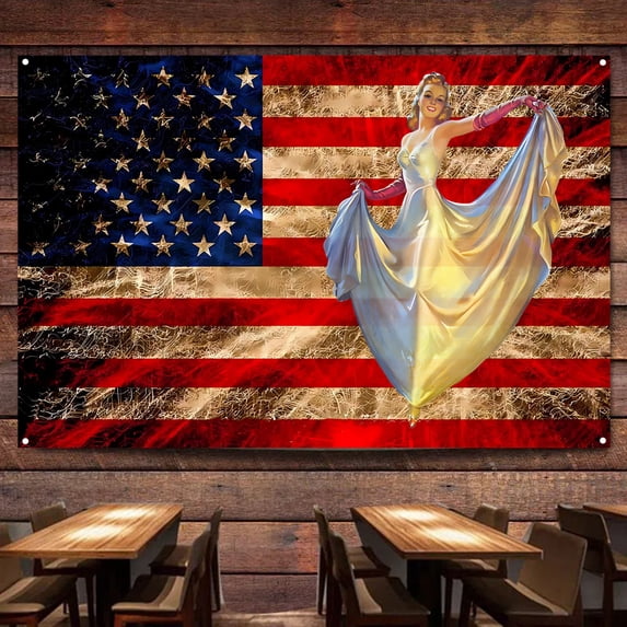 Funny Pin Up Girl Print Art Banner 38" x 57" Vintage American Flag Wall Decor Tapestry 01