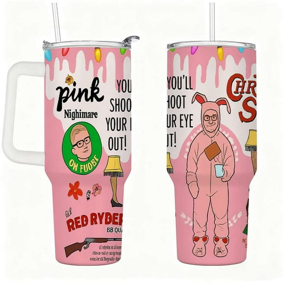 Funny Pink Christmas Insulated Tumbler with Lid and Straw, Holiday Bunny Suit Design Stainless Steel Travel Mug with Handle, Cute Winter Gift Cup