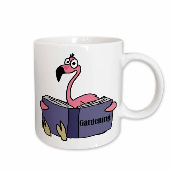 3drose, Funny Pink Flamingo Bird Reading Gardening Book, 11oz Mug