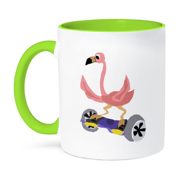 Funny Pink Flamingo On Hoverboard , 11oz Two-Tone Green Mug