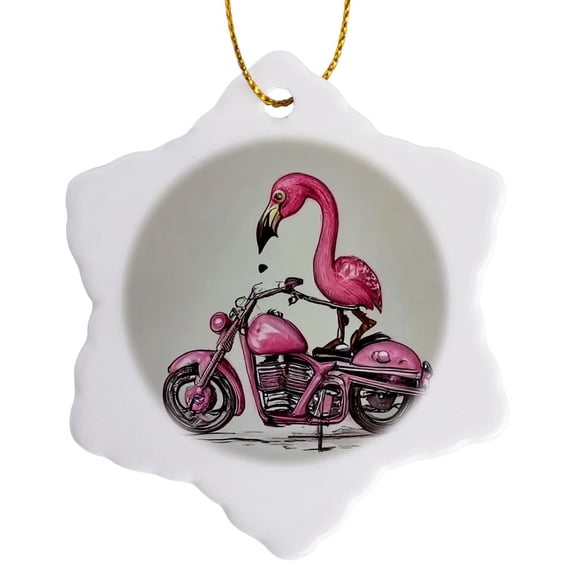 3drose, Funny Pink Flamingo Riding Motorcycle Biker Bird Steampunk, 3 inch Snowflake Porcelain Ornament