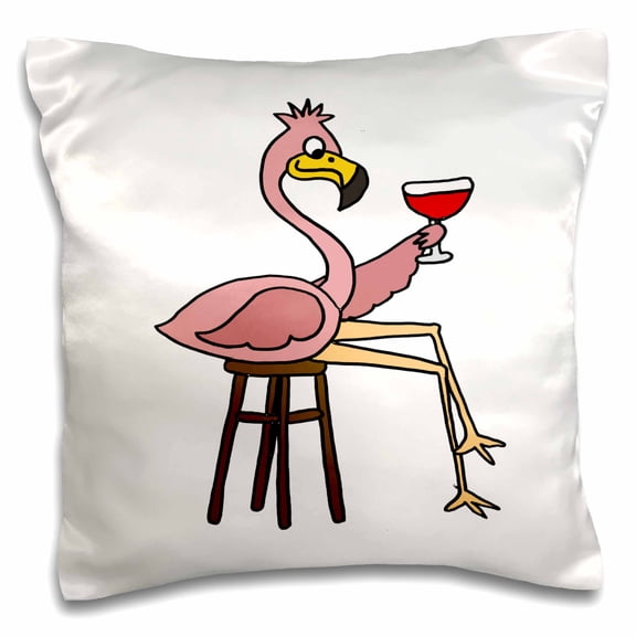 3dRose, Funny Pink Flamingo on Bar Stool Drinking Red Wine , 16x16 inch Pillow Case