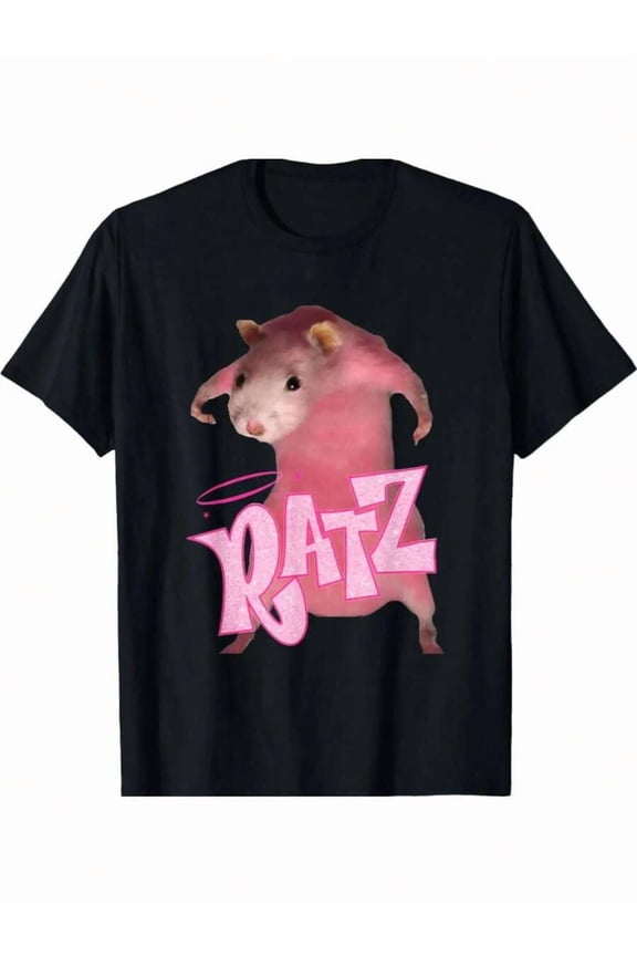 Funny Pink Mouse Face & Graphic Cotton T-Shirt - Black Crew Neck Short Sleeve Tee For, Casual Humorous Print, Machine Washable, Spring Summer Fall, Seasonal Apparel| Playful Print Tee| Durable Cotto