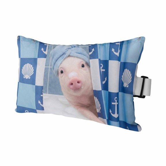 Funny Pink Pigs Bathing Nautical Shell Outdoor Pillow for Chaise Lounge Chair,Blue Plaid Lattice Waterproof Headrest Lumbar Pillows with Insert&Elastic Strap for Patio Pool Garden Chairs Decor,1 Pack