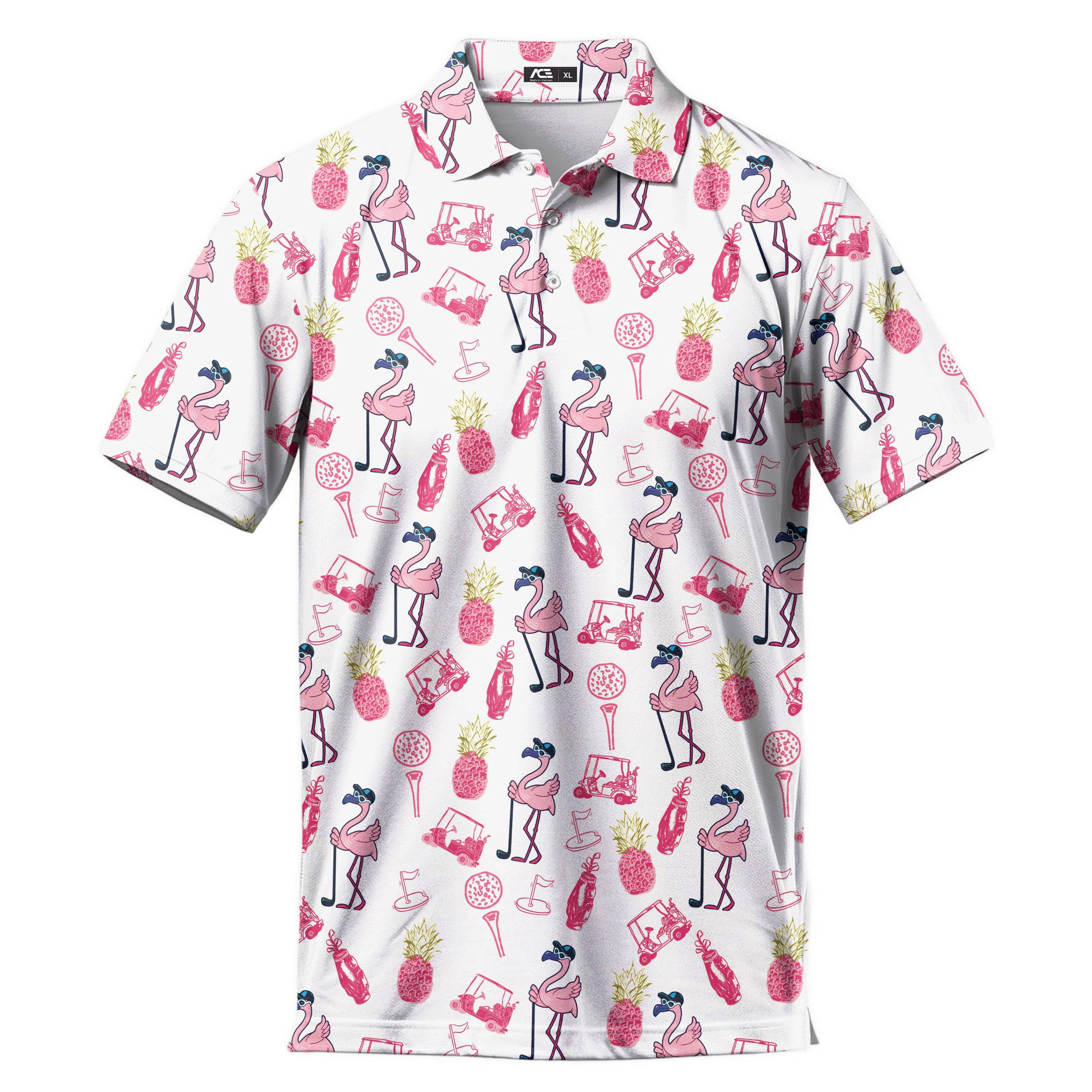 PINK PINEAPPLE  Hawaiian Golf ポロシャツ Funny Pink Pineapple Flamingo Golf Polo Shirts For Men Tropical