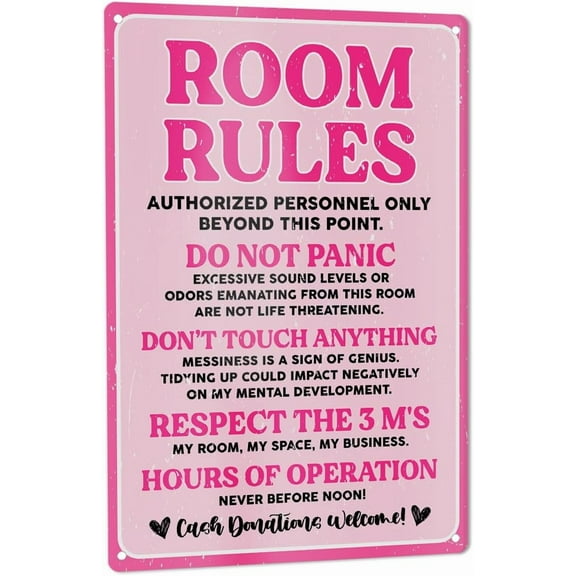 Funny Pink Room Rules Sign for Teen Girl, Cute Room Rules Sign for Preppy Room Dorm Teenage Bedroom Metal Tin Sign Decoration 8" x 12"