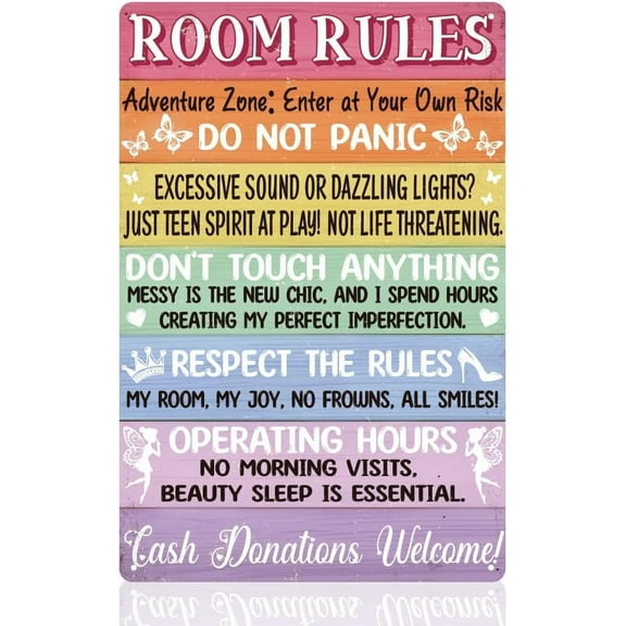 Funny Pink Teen Girl Bedroom Rules Wall Decor Sign, Aesthetic and Preppy Decorations for Bedroom Wall Art, Vintage Metal Tin Poster for Home Room Wall Decor Gift 8 x 12 Inch