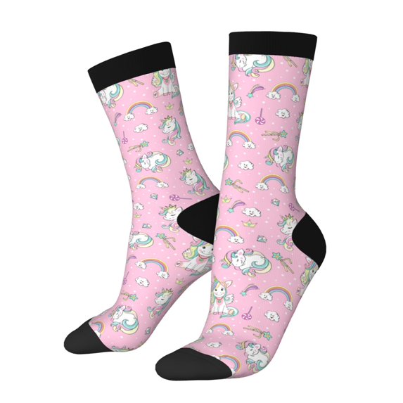 Funny Pink Unicorn Crew Socks, Colorful Novelty Tube Socks For Men & Women, Stretchy Casual & Athletic Socks, Unisex Gift Idea