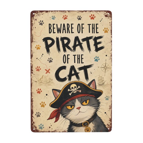 Funny Pirate Cat Beware Metal Tin Sign For Nautical Home Wall Decor 8x12 Inch