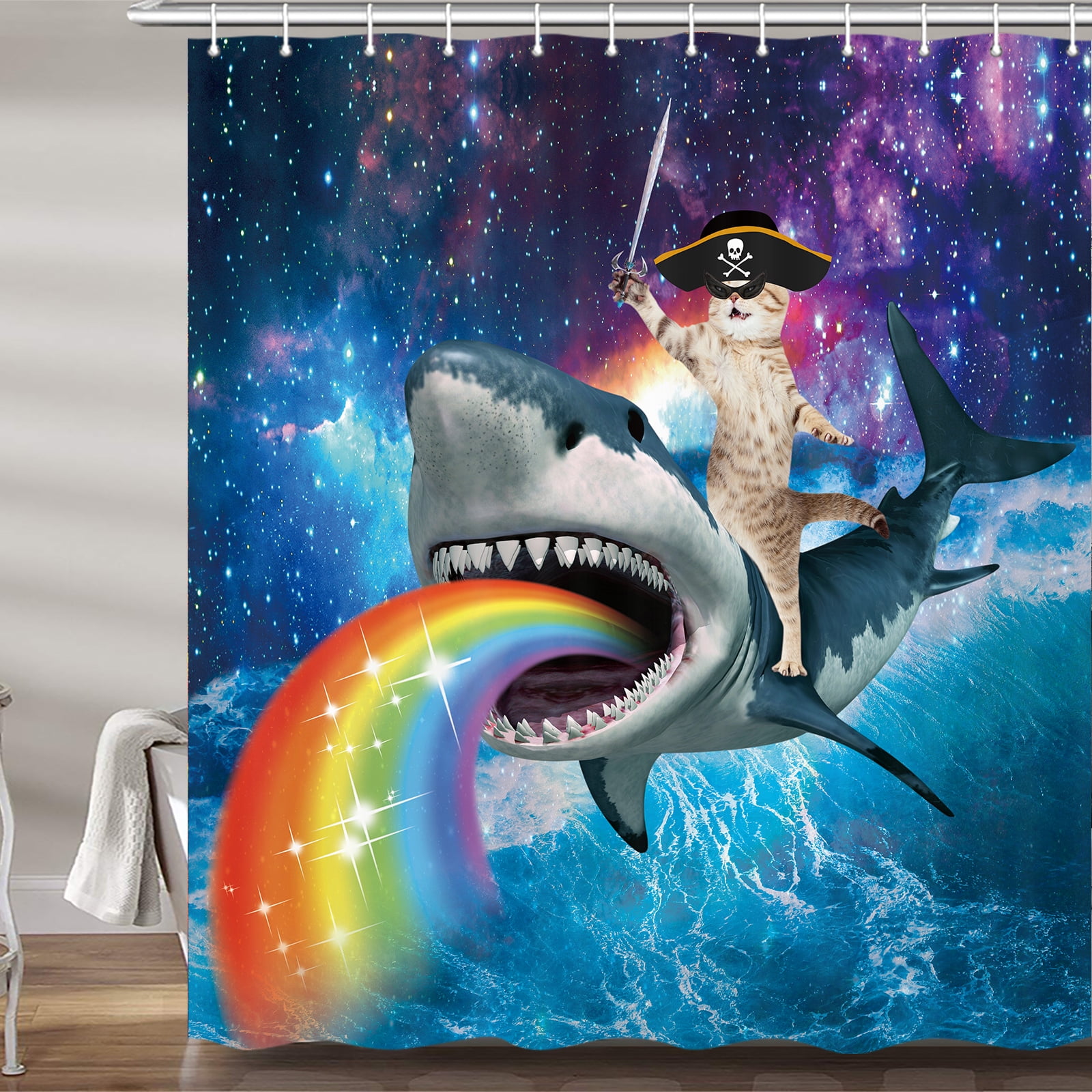 Funny Cat Whale Shower Curtain, Hilarious Cat Holding Trident Riding Shark  in Ocean Shower Curtain, Cute Kids Shower Curtain for Bathroom Watercolor  Blue Decor with Hooks 