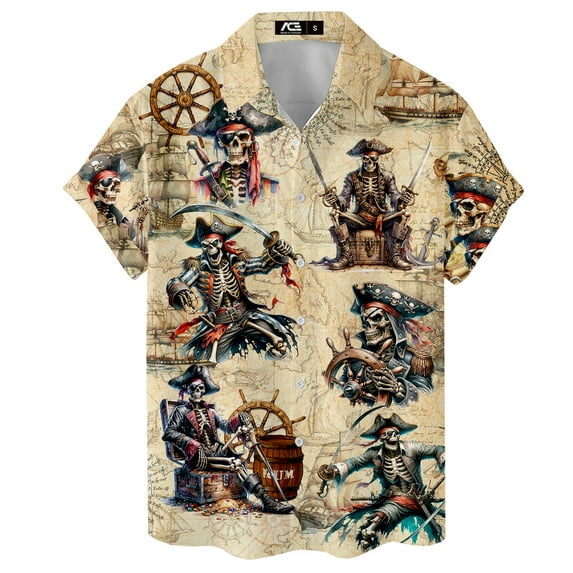 Funny Pirate Hawaiian Shirt For Men Skull Aloha Vintage Shirt Mens Hawaiian Shirts Short Sleeve Button Down Shirt Men