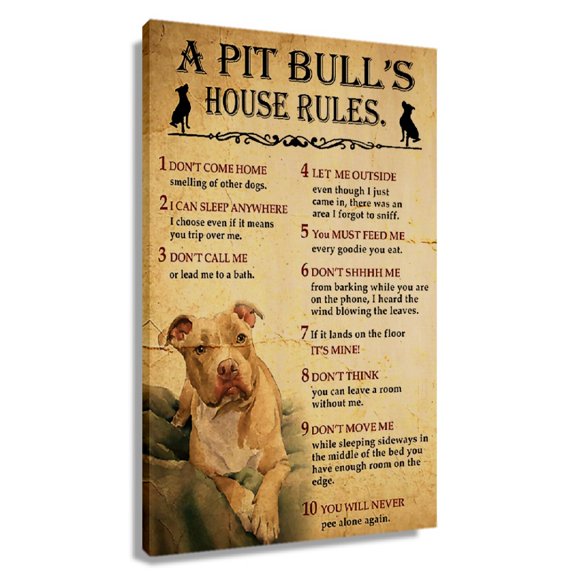 Funny Pit Bull Dog House Rules Retro Poster Bedroom Decorative Canvas Wall Hanging Unframed 16x24 in