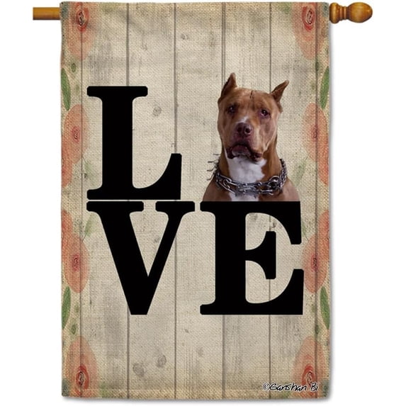 Funny Pitbull Dog House Flag Love Valentine''s Decoration Flag Banner for Yard Outside Double Side 28X40 Inch