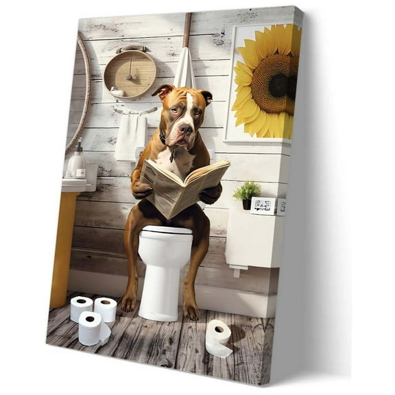 Funny Pitbull Dog Poster Bathroom Wall Decor Bull Reading Newspaper on Toilet Wall Art Giclee Art Poster Prints Picture Canvas Decoration Painting