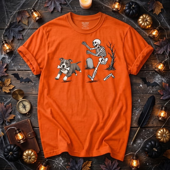 Funny Pitbull Halloween T-Shirt, Skeleton Chasing Dog with Bone Graphic Tee for Pit Bull Lovers, Men and Women