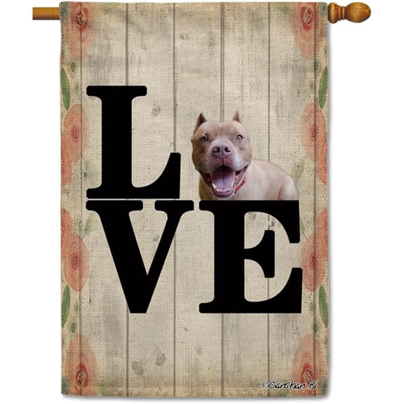 Funny Pitbull Puppy House Flag Love Valentine''s Decorative Flag Banner for Yard Outside Double Side 28X40 Inch