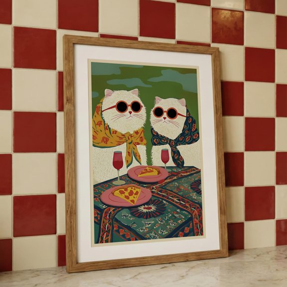 Funny Pizza Cat Print Boho Kitchen Wall Art