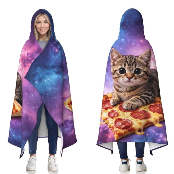 Funny Pizza Cat Wearable Blanket Hoodies for Women Men Adults Cat Lovers Cozy Soft Colorful Galaxy Space Cats Hooded Blankets for Sofa Bed Decor Birthday Gifts 50x60 Inch