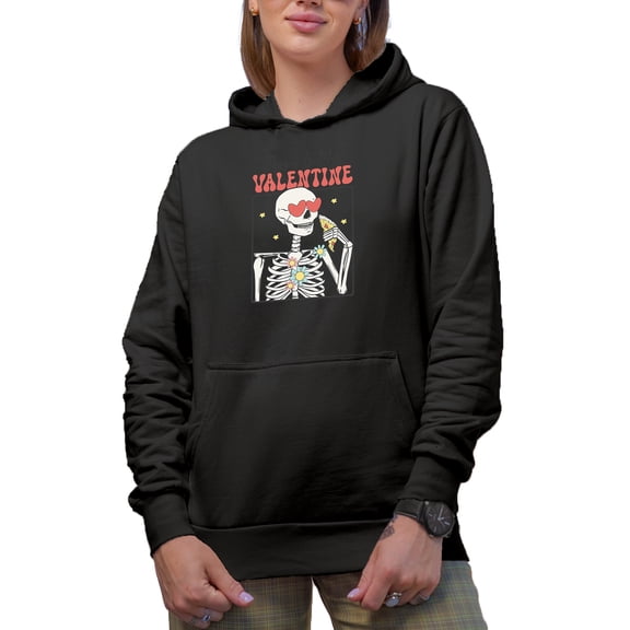 Funny Pizza Is My Valentine with a Skeleton, Retro Valentine's Day Gift, Black Hooded Sweatshirt or Hoodie, Small