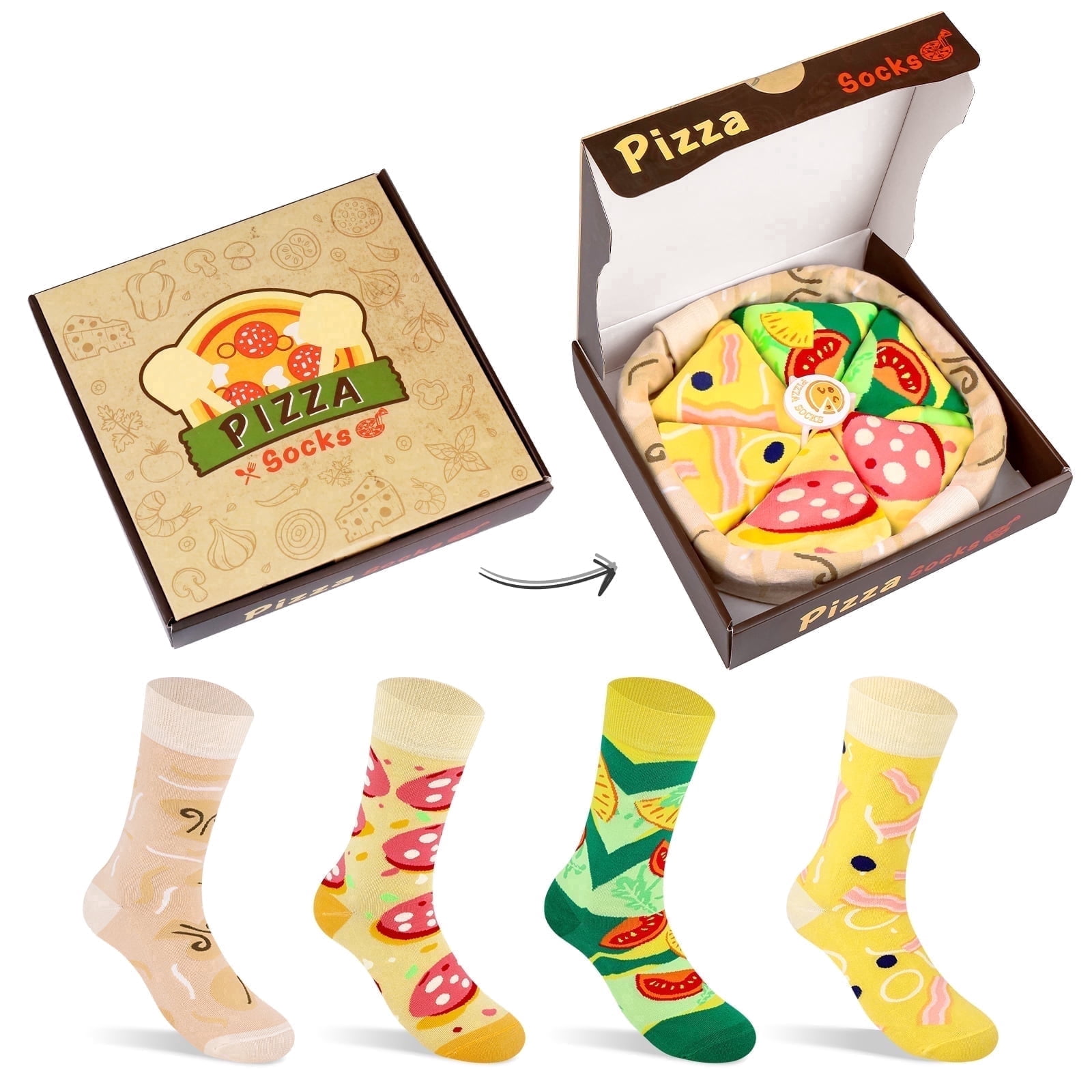 Funny Pizza Socks Box for Men Dad Women Teen Boys - Pizza Lovers Gifts Novelty Food Silly Socks-Easter Fathers Valentines Birthday Gifts Ideas Christmas Stocking Stuffers(Black,4 Pairs）