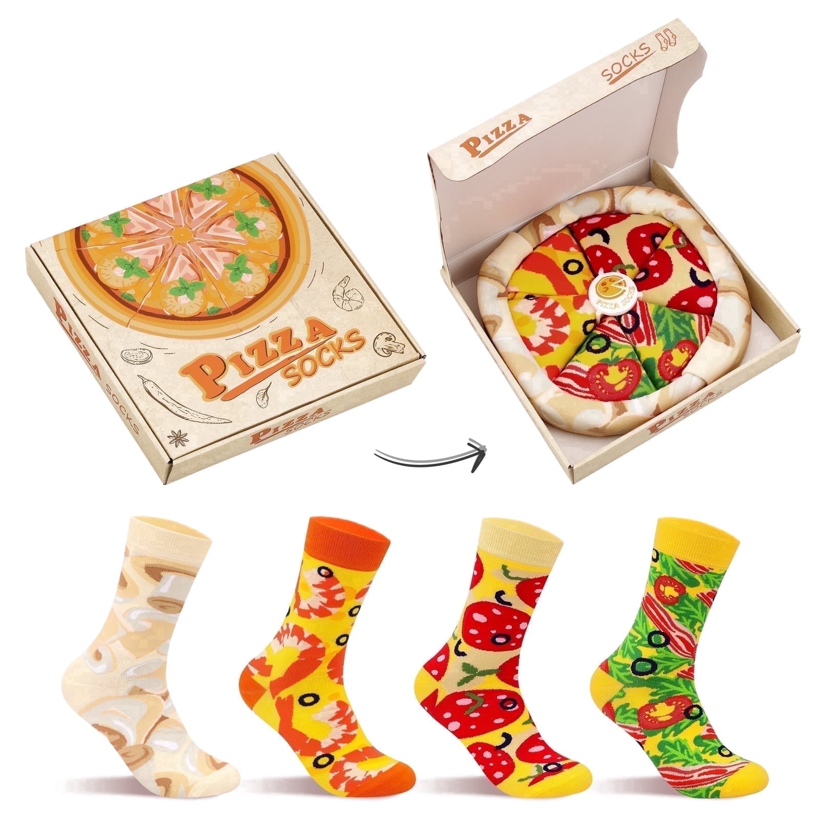 Funny Pizza Socks Box for Men Dad Women Teen Boys - Pizza Lovers Gifts Novelty Food Silly Socks-Easter Fathers Valentines Birthday Gifts Ideas Christmas Stocking Stuffers(White,4 Pairs）