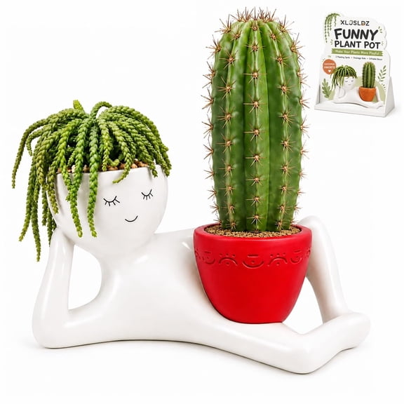 Funny Planter Pot 9.8", Cute Lazy Guy Head Succulent Planter with Drainage Hole, Resin Plant Pot for Indoor Outdoor Decor