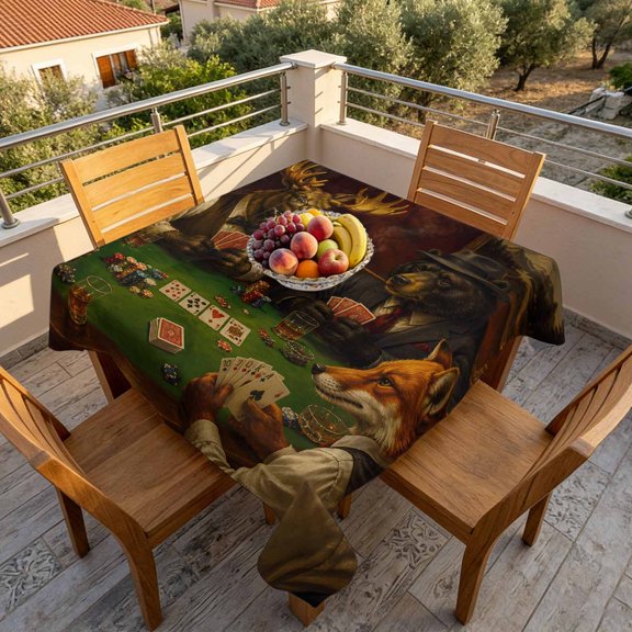 Funny Playing Cards Games Table Cloth 54x54in, Waterproof Square Tablecloth Wipeable Tablecloths Bear Elk Table Covers for Dining Tables Party Indoor Outdoor