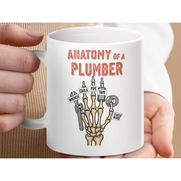 Funny Plumber Mug, Anatomy of A1 Plumber Gift, Skeleton H1and Mug, Wrench Pipe Tape, Plumber Coffee Cup, Construction Worker Present