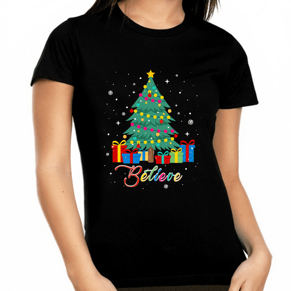 Funny Plus Size Christmas Shirts for Women Christmas Shirts for Family Christmas Tree Believe Shirt