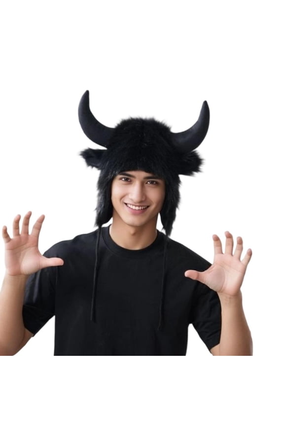 Funny Plush Hat With EarFlaps Bull Horn For Winter Outdoor Activity Cold Weather Head ProtectorsHa110weenHeadpiece
