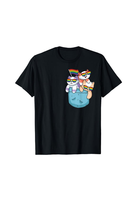 Funny Pocket cute cat LGBT Animal Rainbow Flag Gay Pride T-Shirt