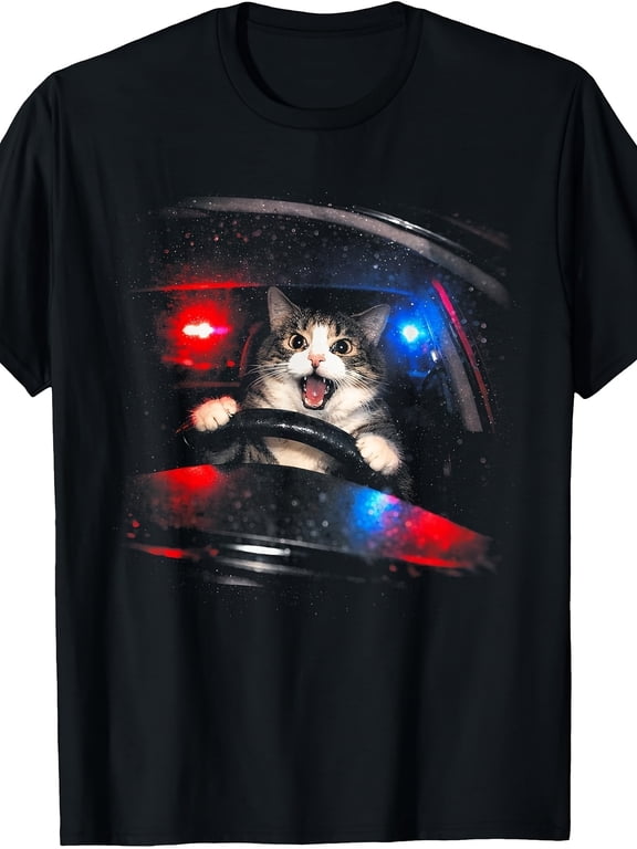 Funny Police Cat Driving Car Retro Print Tee Funny Cop Cat Meme Crew Neck Casual Top