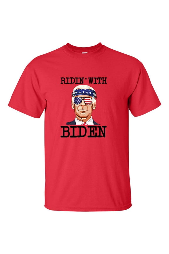 Funny Policial Ridin' With Biden Joe Biden in Sunglasses American Flag Short Sleeve T-shirt-Red-xxxl