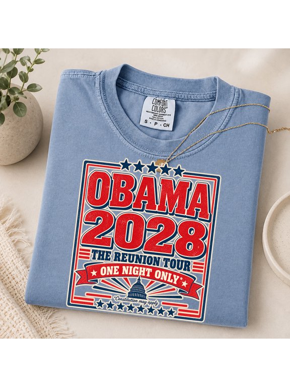 Funny Political Satire Concert Poster T-Shirt, Obama 2028 Tee, Retro Reunion Tour Graphic Tee, Patriotic Red White Blue Comfort Colors Shirt , Blue Jean Size L