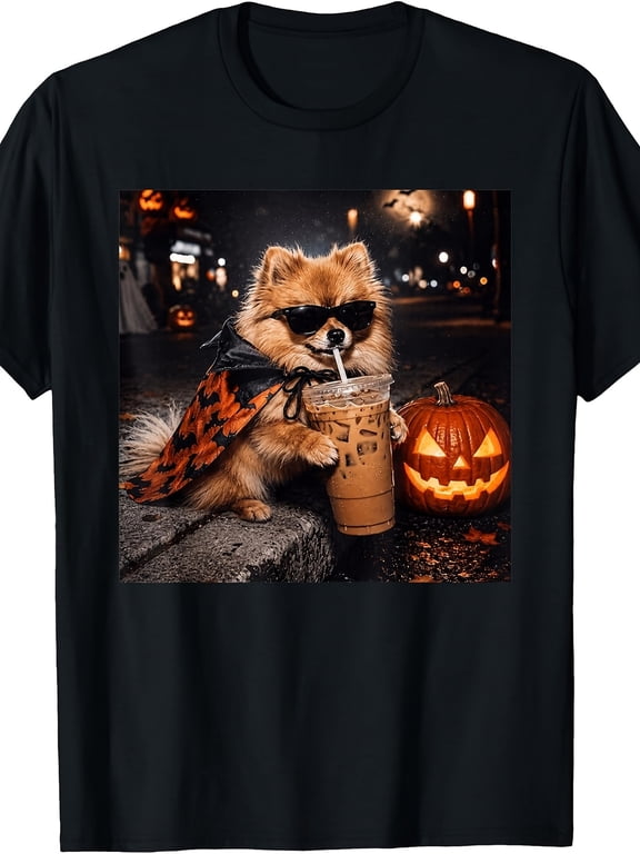 Funny Pomeranian Halloween Vampire Dog Pumpkin Iced Coffee Graphic Tee for Men Women, Cute Spooky Pet Lover Short Sleeve T-Shirt, Casual Crew Neck Top for Dog Owner Gift