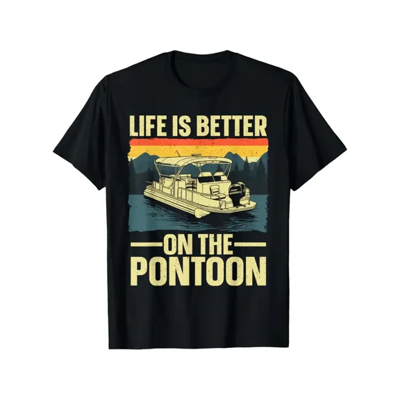 Funny Pontoon Boat Owner T-Shirt - "Life is Better on the Pontoon" Graphic with Boats & Lake Design, Lightweight All-Season Casual Tee for Men & Women, Short Sleeve Round Neck