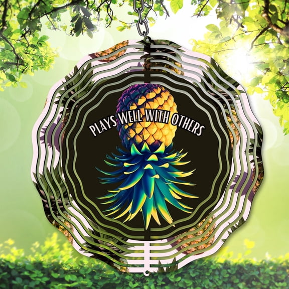 Funny Pool Pineapple 10 Inch Metal Double-Sided Rotating Wind Spinner - Humorous Garden Yard Decor, Double Sided Metal Spinner, No Battery, Easy Hanging Outdoor Decor.