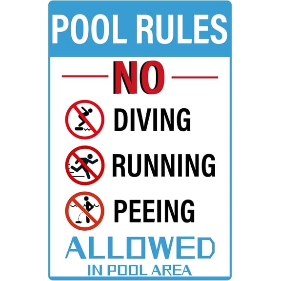 Funny Pool Rules Sign,No Diving Running Peeing Allowed In Pool Area Swimming Pool Signs Metal Plaque for Home Pool Summer Garden Outdoor Decorations, 12x 8Inch